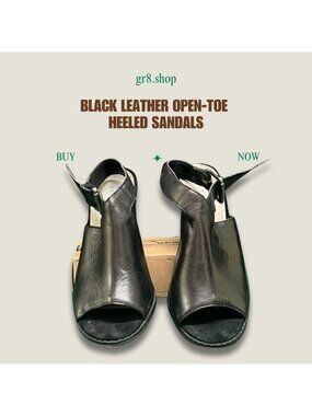 Black Leather Open-Toe Heeled Sandals Size 7 With Buckle Strap & Sturdy Block He